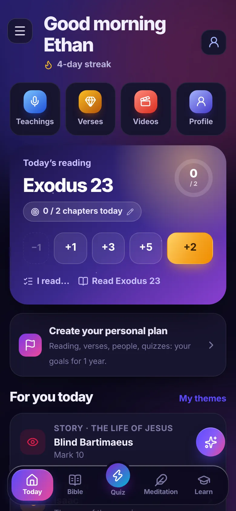 Bible Academy home screen: today's reading, streak and quick links